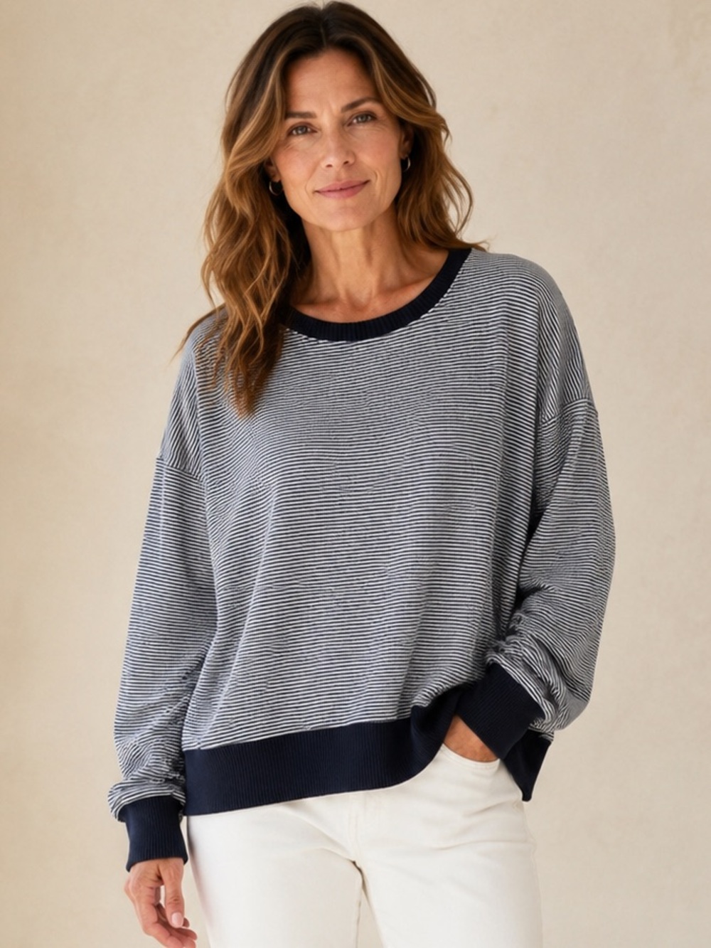 Frank & Eileen NWOT Ribbed Knit Stripe Sweatshirt Navy White XS